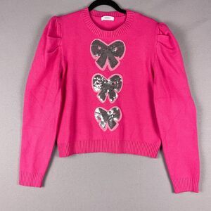 Avara Bow Sequin Sweater Women Large Pink Puff Sleeve Soft Whimsy Valentines NEW